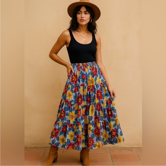 Vintage 90s Cactus Flower Maxi Skirt Boho Cottagecore Modest Prairie Made USA - Picture 2 of 8